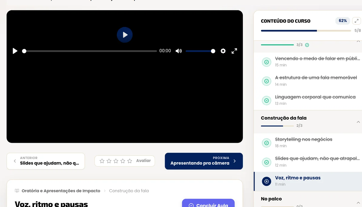 Player de vídeo da Lectuo com trilha de aulas
