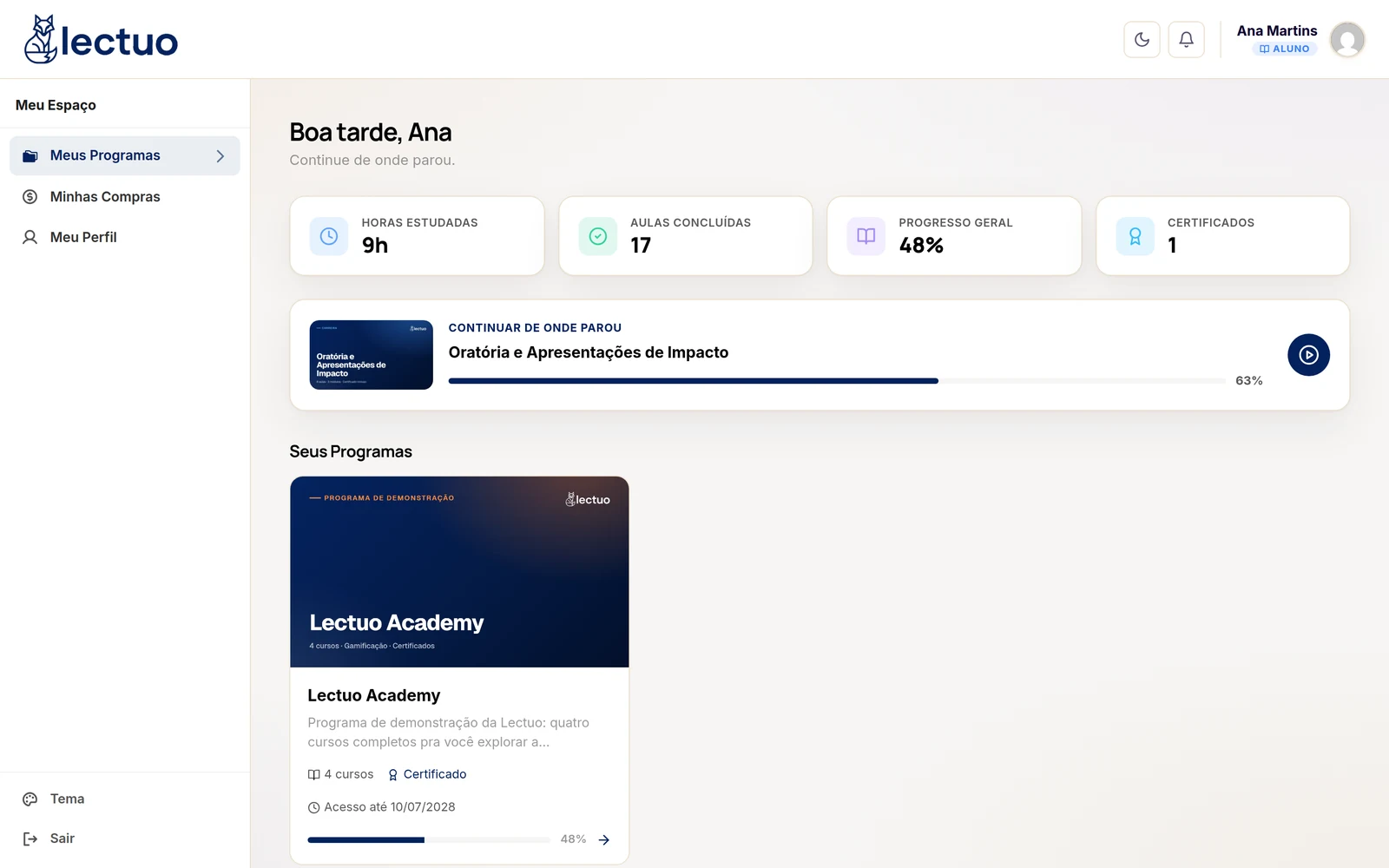 Dashboard do aluno da Lectuo